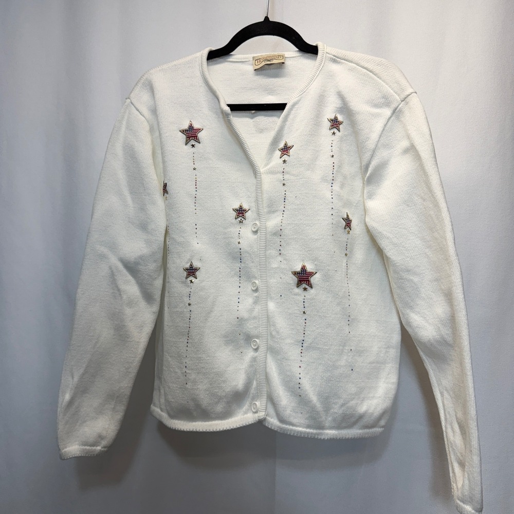 Longaberger Homestead White Knit Medium Cardigan & Sleeveless Top Patriotic READ